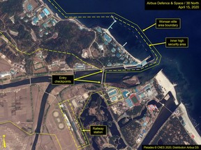 What is described by Washington-based North Korea monitoring project 38 North as a leadership train station servicing North Korean leader Kim Jong Un's Wonsan complex is seen in a satellite image with graphics  taken over Wonsan, North Korea April 15, 2020. Image taken April 15, 2020.