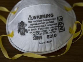 A 3M mask which health care workers are in dire need of is shown in Mississauga, Ont., on Friday, April 3, 2020. Health officials and the government has asks that people stay inside to help curb the spread of the coronavirus also known as COVID-19.