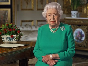 Buckingham Palace handout image of Britain's Queen Elizabeth during her address to the nation and the Commonwealth in relation to the coronavirus epidemic (COVID-19), recorded at Windsor Castle, Britain April 5, 2020.