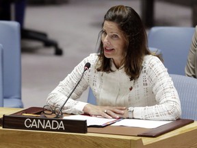 Canada's Deputy Permanent Representative Louise Blais addresses the United Nations Security Council, Wednesday, Aug. 29, 2018. As she watched the novel coronavirus swallow a helpless New York City, transforming it into the twin epicentre of the pandemic, Louise Blais found lessons in her own past for how to slay a demon.