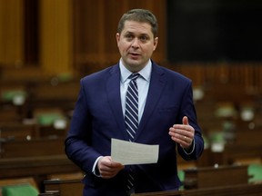 Canada's Conservative Party leader Andrew Scheer speaks during Question Period in the House of Commons on Parliament Hill, as efforts continue to help slow the spread of the coronavirus disease (COVID-19), in Ottawa, Ontario, Canada April 20, 2020.