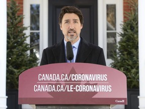 Prime Minister Justin Trudeau addresses Canadians on the COVID-19 pandemic from Rideau Cottage in Ottawa on Wednesday, April 1, 2020.