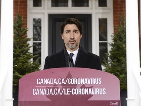 Prime Minister Justin Trudeau addresses Canadians on the COVID-19 pandemic from Rideau Cottage in Ottawa on Friday, April 3, 2020.