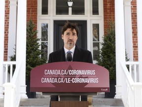 Prime Minister Justin Trudeau addresses Canadians on the COVID-19 pandemic from Rideau Cottage in Ottawa on Tuesday, April 7, 2020.