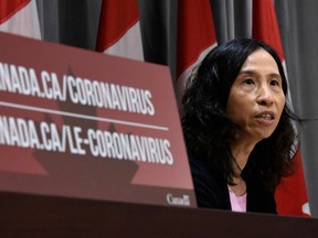 Canada's Chief Public Health Officer Dr. Theresa Tam speaks to the media about the government's response to the COVID-19 pandemic on Parliament Hill in Ottawa, on April 11, 2020.