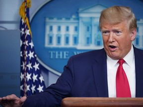 U.S. President Donald Trump speaks during the daily briefing on the COVID-19 pandemic, at the White House on April 6, 2020, in Washington, D.C.