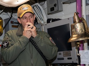 Captain Brett Crozier, commanding officer of the U.S. Navy aircraft carrier USS Theodore Roosevelt, addresses the crew in San Diego, California, U.S. January 17, 2020.