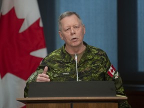 Chief of Defence Staff Jonathan Vance responds to a question during a ministerial news conference in Ottawa, Monday, March 30, 2020. Vance is urging his troops to reach out for help if required as the use of mental-health services for military personnel has reached an alltime low.