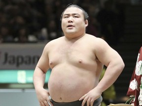 Sumo wrestler Shobushi at Ryogoku Kokugikan in Tokyo on February 11, 2018. Shobushi died age 28 on May 13, 2020 due to multiple organ failure caused by COVID-19.