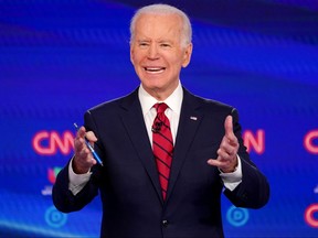 Democratic U.S. presidential candidate and former Vice President Joe Biden speaks during the 11th Democratic candidates debate of the 2020 U.S. presidential campaign in Washington, U.S., March 15, 2020.