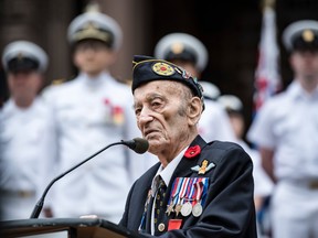 Retired Capt. Martin Maxwell gives an address at an event commemorating the 75th anniversary of D-Day and the Battle of Normandy, at Old City Hall in Toronto, on June 6, 2019.