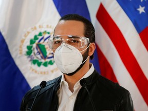 El Salvador President Nayib Bukele participates in a news conference during a nationwide quarantine as El Salvador's government undertakes steadily stricter measures to prevent the spread of the coronavirus disease (COVID-19), in San Salvador, El Salvador May 26, 2020.