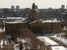 The Alberta Legislature is seen from the Federal Building during the COVID-19 global coronavirus pandemic in Edmonton, on Tuesday, March 31, 2020.