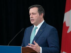 Alberta Premier Jason Kenney speaks during a new conference in Edmonton on April 30.