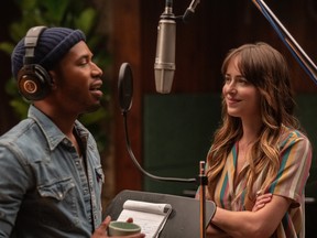 Kelvin Harrison Jr., Dakota Johnson and - is that Sam Cooke's old microphone? - in The High Note.