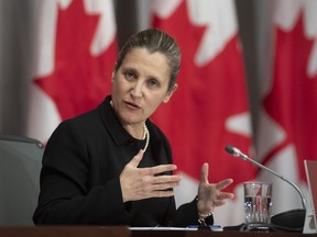 Deputy Prime Minister and Minister of Intergovernmental Affairs Chrystia Freeland speaks during a news conference on Parliament Hill, Monday, May 11, 2020 in Ottawa.