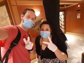 Michelle Joly and Jonah Danniels pose in this recent handout photo. Canadians working aboard two cruise ships who weren't allowed to come to shore because of concerns about COVID-19 are finally able to return home.