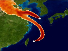 In this graphic, monitoring stations in Japan and Korea designed to track unwanted emissions in the atmosphere attempt to pinpoint the origin of an increase in CFC-11 emissions. Tracking the gas' presence and weather conditions, scientists concluded it originated from eastern mainland China. A new study published May 22, 2019, found that 40 to 60 per cent of global CFC-11 emissions originated from the region.