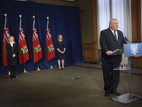 Ontario Premier Doug Ford answers questions at a COVID-19 briefing at Queen's Park in Toronto on Monday May 4, 2020.