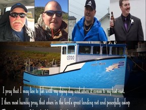 Ed Norman, left to right, Scott Norman, Jody Norman, Isaac Kettle, four fishermen from St. Lawrence, N.L., who went missing while fishing for crab on Monday as shown in this image provided by Melissa Mayo-Norman. A small Newfoundland and Labrador community is preparing a virtual service to mourn the deaths of four fishermen, three of them from one family.