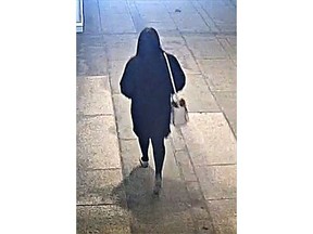 A search is underway in Metro Vancouver for a woman, as shown here in a handout image provided by the RCMP, who casually approached a senior who was using a walker, tripped her from behind and walked away. Burnaby RCMP have released video of the April 3rd incident that was caught on surveillance cameras mounted at the nearby Metrotown SkyTrain station.