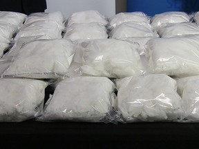 Seized methamphetamine from a truck at a Canada-U.S. border crossing in southern Alberta is shown during a press conference in Calgary on Thursday, August 1, 2019. Police say there's been a massive increase in the price of illegal drugs on the streets of Winnipeg.