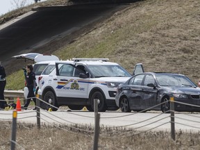 Police investigate a shooting involving police in Leduc, Alberta on Wednesday May 6, 2020.