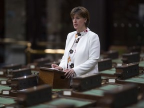 Minister of Agriculture and Agri-Food Minister Marie-Claude Bibeau rises to introduce an act to amend the Canadian Dairy Commission Act in the House of Commons in Ottawa on May 13, 2020.