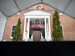 Prime Minister Justin Trudeau speaks during his daily news conference on the COVID-19 pandemic outside his residence at Rideau Cottage in Ottawa, on Monday, May 4, 2020.