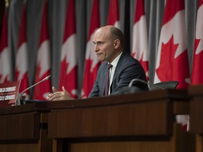 President of the Treasury Board Jean-Yves Duclos speaks during a news conference on the COVID-19 pandemic in Ottawa, on Wednesday, May 27, 2020.