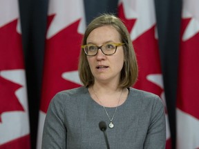 Democratic Institutions Minister Karina Gould responds to a question during a news conference in Ottawa, Monday, April 8, 2019. Canada's development minister says the government is pushing international actors to provide debt relief in Africa and other less-developed regions to help fight threats from hunger, economic ruin and terrorism as they battle COVID-19.