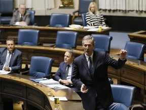 Manitoba premier Brian Pallister responds to the opposition during question period at the Manitoba Legislature in Winnipeg, Wednesday, May 6, 2020.