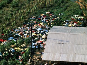 An aerial photograph of a portion of the Nov. 18, 1978 Jonestown Massacre site in northwestern Guyana, where cult leader Jim Jones was responsible for the murder-suicides of 909 people.