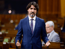 Prime Minister Justin Trudeau stands during question period in the House of Commons on Parliament Hill amid the COVID-19 pandemic in Ottawa on May 25, 2020.