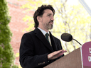 Prime Minister Justin Trudeau speaks during his daily news conference on the COVID-19 pandemic outside his residence at Rideau Cottage in Ottawa, on May 11, 2020. 