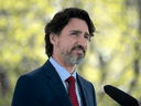 Prime Minister Justin Trudeau during his daily COVID-19 briefing outside Rideau Cottage in Ottawa, May 14, 2020.
