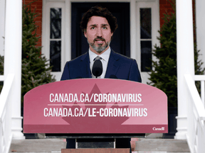 Prime Minister Justin Trudeau holds his daily  COVID-19 briefing at Rideau Cottage in Ottawa on May 15, 2020.