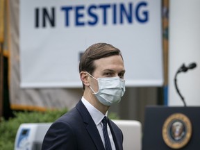 White House advisor Jared Kushner wears a face mask while as he departs a press briefing about coronavirus testing in the Rose Garden of the White House on May 11, 2020 in Washington, DC.
