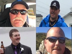 Ed Norman, top left, Jody Norman, Isaac Kettle, and Scott Norman are four fishermen from St. Lawrence, N.L. who went missing while fishing for crab on Monday. Their small Newfoundland and Labrador community is preparing a virtual service to mourn the deaths of the fishermen, three of which are from one family.