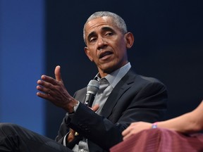 In this file photo taken on September 29, 2019, former US President Barack Obama speaks during the "Bits & Pretzels" start-ups and founder congress in Munich, Germany.