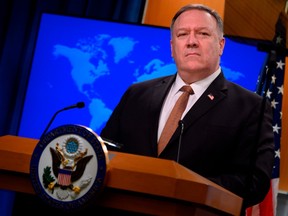 In this file photo taken on March 25, 2020 US Secretary of State Mike Pompeo speaks during a press conference at the State Department in Washington, DC.