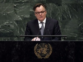 Canada's U.N. Ambassador Marc-Andre Blanchard addresses the 73rd session of the United Nations General Assembly, at U.N. headquarters, Monday, Oct. 1, 2018. The United Nations has confirmed that the election for non-permanent seats on the Security Council -- which pits Canada against Norway and Ireland -- will take place in June under unprecedented new rules to prevent the spread of COVID-19.