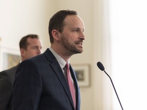 Opposition NDP Leader Ryan Meili speaks during a morning press conference at the legislature in Regina on March 20, 2019. Meili is calling on the government to look at a province-wide amnesty on fines related to violations of COVID-19 health orders after what he calls inconsistent messages from the premier.THE CANADIAN PRESS/Michael Bell