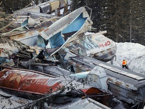A train derailment is shown near Field, B.C., Monday, Feb. 4, 2019. The Transportation Safety Board says there should be a better way of determining whether a train's brakes are working as they should.