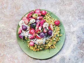 Pan-roasted radishes with labneh, freekeh and radish leaves