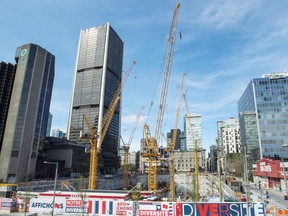 A worksite is seen Friday May 8, 2020 in Montreal. As Quebec's construction sector reopens Monday following weeks of shutdown to slow the spread of the virus, the main players behind the city's building boom in neighbourhoods such as Griffintown say it's "business as usual" and are confident the market remains robust.