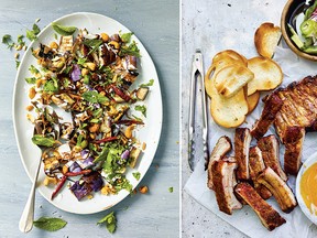 Grilled eggplant salad, left, and satay of baby back ribs