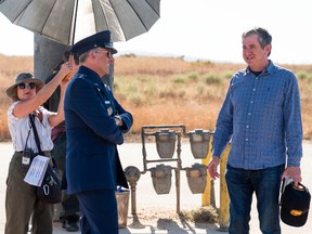 Steve Carell as General Naird, and series creator Greg Daniels, on the set of Space Force.