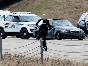 Police investigate a fatal shooting involving police in Leduc, Alberta on May 6, 2020.