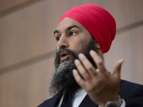 NDP Leader Jagmeet Singh speaks during a press conference on Parliament Hill during the COVID-19 pandemic in Ottawa on Wednesday, May 20, 2020.